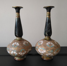 Pair Doulton Lambeth / Slater Vases Dark Green & Gold Lace (5116) c. 1895, a/f