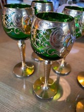 6 x Murano Tre Fuochi Green and gold floral wine glasses goblets immaculate