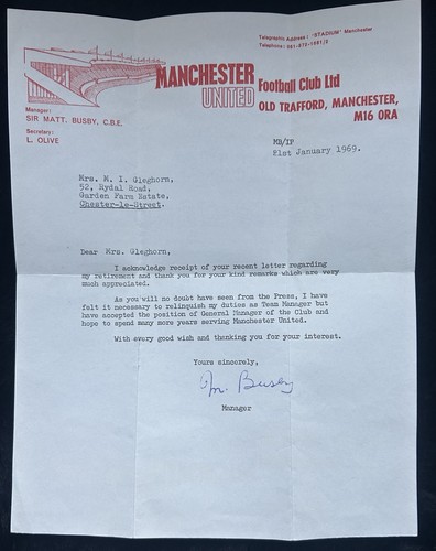 Matt busby signed letter - busby,