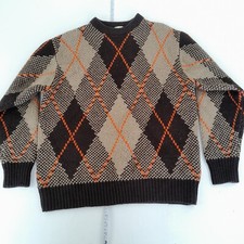 GU Jumper Medium Brown Mens Round Neck Knit Argyle Sweater Retro