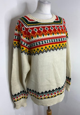 Nordic Hand Knit Arran fair isle jumper M L wool blend cream red ski winter