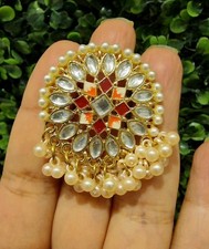 Pakistani Indian Adjustable Gajra Ring Meena Pearls Gold