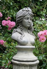 STONE GARDEN FLOWER LADY BUST - NUDE FEMALE STATUE / GIRL WOMAN HEAD ORNAMENT