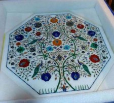 24" White Marble Dining Table Top Marquetry Art Inlay Tree Design Furniture...