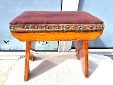 VINTAGE SOLID WOOD RUSTIC FOOTSTOOL with FAUX SUEDE FABRIC COVERED SEAT