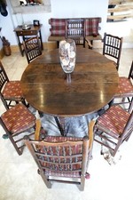 Early Antique Oak Drop Leaf Dining Table & 8 Spindle ladder back chairs