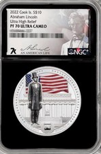 2022 Cook Islands ABRAHAM LINCOLN by Miles Standish 2 Oz Silver Coin 10$  NGC 70
