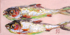 Sardines Original Oil Painting Kitchen Wall art Fish Wall Decor Canvas 4x8 inch