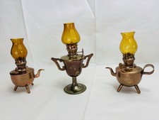 Vintage Miniature Copper Coloured Metal Oil Lamps, Amber Glass Shades X 3