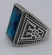 Mens Silver Ring, Dark Turquoise Glass Stone, Nice Design UK Size U.