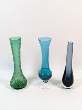 Collectible Blue Green And Navy Hand Blown Glass Footed / Tall Skinny / Vase Lot