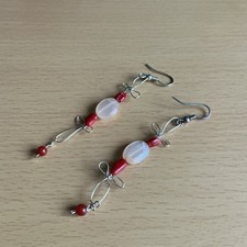 925 Silver  Rose Quartz & Coral Long drop earrings  