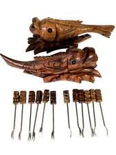 Carved Wooden Fish Olive Cocktail Stick Pick Holder Pair Retro 70s Partyware
