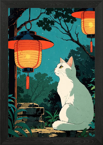Cat japanese lanterns framed - japanese,