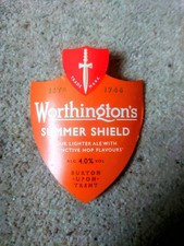WORTHINGTON'S  "SUMMER SHIELD".   curved beer pump clip front.