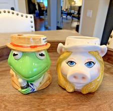 Vintage Kermit The Frog & Miss Piggy Henson Sigma Ceramic Muppet Cups Mugs 