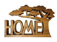 Wooden Home Sign Tree Decoration Ornament in Brown Wood Hand Carved Decor