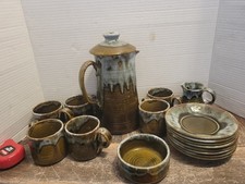 Stunning Youghal Irish Studio Pottery  Coffee/Tea Set 17 Piece Green Drip Glaze 
