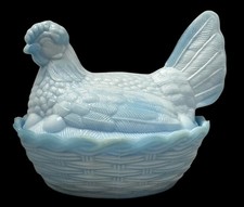 Vintage Blue & White Slag Glass Hen on Basket Weave Base 6 X 5 X 4.75” Flawless