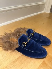 Gucci Royal Blue Velvet Fur Princetown Horsebit Mule Size UK3, EU36