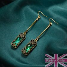 Vintage Style Art Deco Revival Emerald Green Glass Crystal Earrings Antique Gold