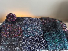 Large, Thick And Cosy Hand Knitted Patchwork Blanket With Pom Poms To Corners