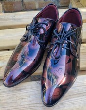 Shennai Prestige, Mens Black/Burgundy Dress Shoes Floral Patent Brogues UK 7/7.5