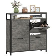 Shoe Cabinet Cement Grey 98W x24D x95H cm Particle Board & Steel 4 Flip Entryway