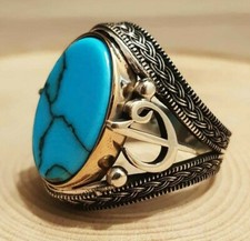 925 Sterling Silver Knitting Design Elif Vav Flat Turquoise Stone Men Ring