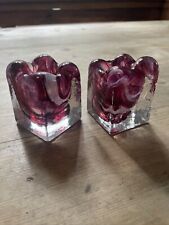 ADRIAN SANKEY SET OF 2 x ABSTRACT SQUARE SHAPED PINK GLASS CANDLE HOLDERS RARE