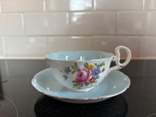 Royal Grafton Teacup & Saucer Light Blue Rim & Floral Center Bone China vintage