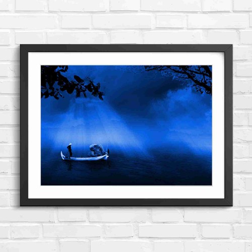 Foggy lake boat with fisher - lake,