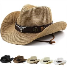 Women Fedora Straw Cowboy Hat Western Cowgirl Hats Wide Brim Sun Hat Beach Cap