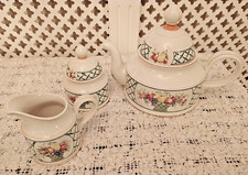 VILLERY & BOCH TEAPOT SUGAR BASIN WITH LID & MILK JUG BASKET PATTERN