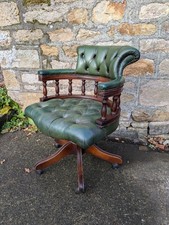 Vintage Green Leather Chesterfield Style Swivel Captains Chair 
