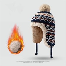 Ladies Warm Beanie Cap Knitted Bobble Hat with Ear Flaps Winter Trapper Hat