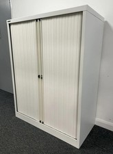 Bisley 1.2m Double Door Side Tambour Cabinet – White – Lockable with Shelves