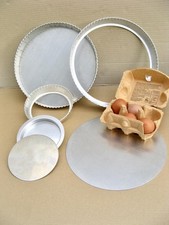 3 flan rings, quiche tart fruit tins, with loose bases  10" and 5" Crimped edges