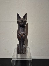 Carved Wooden Seated Cat Sculpture in Wood 1960s 12 inch (F3)