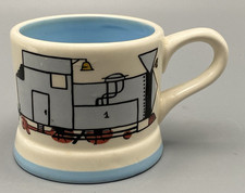GABRIELLA MILLER DESIGNS CHILD'S BLUE ACCENTED MUG WITH TRAIN & CARRAIGES MOTIF