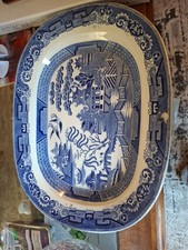DEEP OVAL BLUE AND WHITE MEAT PLATE