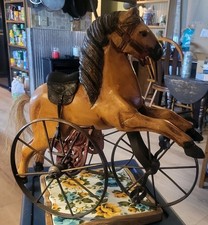 Antique Toy Tricycle Horse Hand carved Wood/iron Decorative