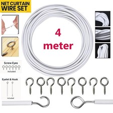 NET CURTAIN WIRE WHITE WINDOW VOILE WASHING LINES CABLE CORD WITH HOOKS & EYES