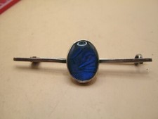 Vintage Silver Bar Brooch With Butterfly Wing Cabouchon Royal Blue Iridescence