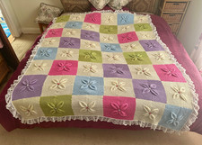 Vintage Handmade Knitted Throw Pastel Patchwork Wool Large Blanket 225 x 165cm