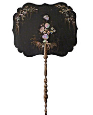 Antique 19th Century  Black Lacquered Papier Mache Face Screen with MOP Inlay