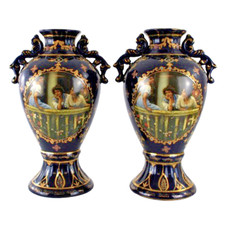 Royal Limoges Pair of Art Nouveau Cobalt Blue Jewelled Gold Vases