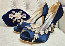 Royal Blue Satin And Diamonte Shoes. Size 6. Comes With Velvet Clutch.