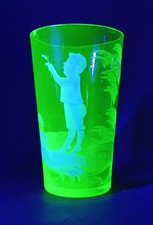 Charming Antique Victorian Uranium Glass Small Mary Gregory Tumbler Beaker Glass