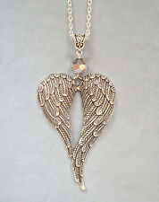 Large Guardian Angel Wings Silver Crystal Pendant 32" Long Chain Necklace